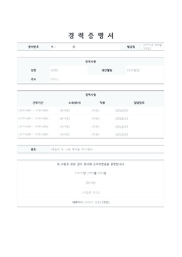 경력증명서 양식 미리보기 — 근무 이력 표와 발급기관 직인란이 있는 1페이지 문서