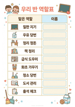 학급 역할표 도안 미리보기 — 칠판 지기·우유 당번 등 역할과 이름 칸이 있는 교실 테마 2열 표