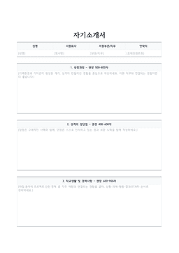 자기소개서 양식 미리보기 — 지원회사·인적사항 표와 항목 구성이 있는 문서 첫 페이지