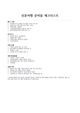 신혼여행 준비물 체크리스트 미리보기 — 필수 서류·전자기기·의류·세면용품·금융 항목별 체크박스가 있는 1페이지 문서