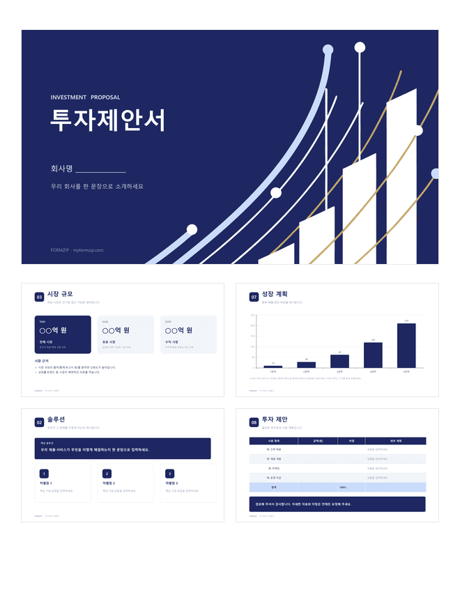 투자제안서 피치덱 PPT 미리보기 — 문제·솔루션·시장 규모·성장 계획 차트로 구성된 9장 파워포인트 템플릿
