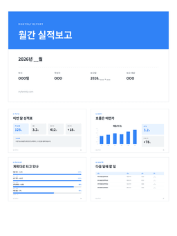 월간 실적보고 PPT 미리보기 — 실적 요약·주요 지표·월별 추이 차트로 구성된 6장 파워포인트 템플릿