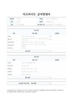 아르바이트 급여명세서 미리보기 — 시급 계산과 주휴수당 항목이 있는 1페이지 문서