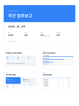 주간 업무보고 PPT 미리보기 — 표지와 금주 요약·실적·차주 계획·이슈 5장으로 구성된 파워포인트 템플릿