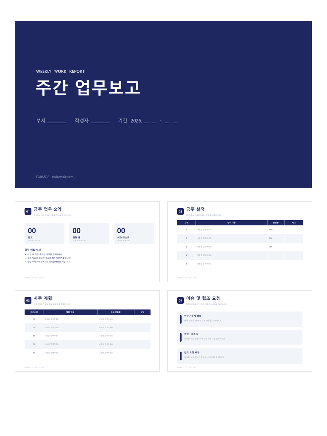 주간 업무보고 PPT 미리보기 — 표지와 금주 요약·실적·차주 계획·이슈 5장으로 구성된 파워포인트 템플릿